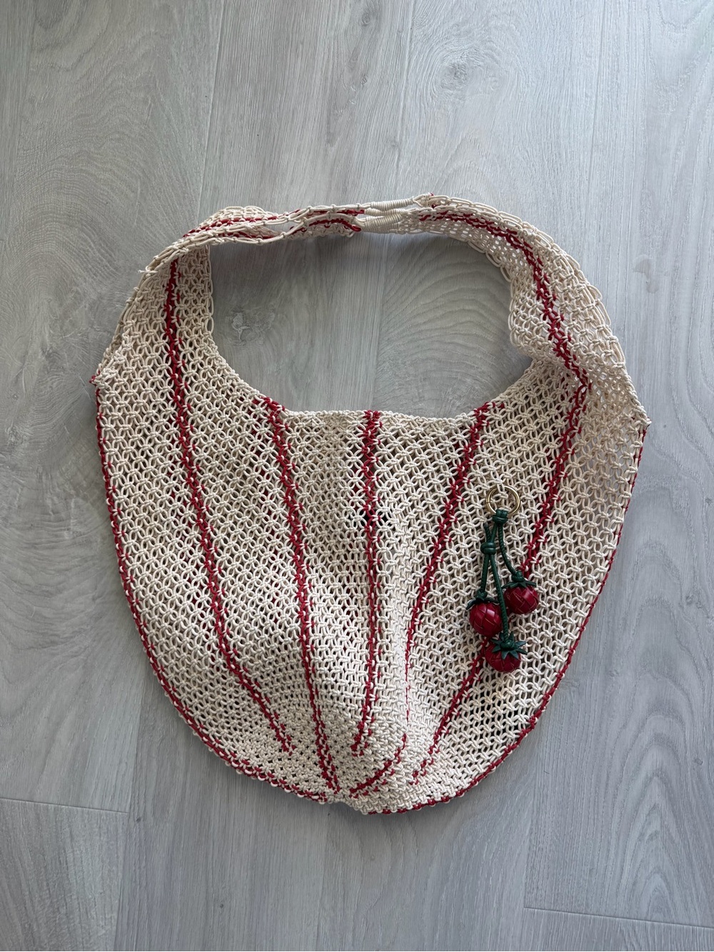 Madewell Cream Crochet Tote with Red Stripes and Strawberries 🍓 Charm